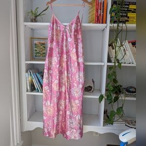 Y2K August Silk Floral Pink Slip Dress with Flower Beading Size Large Vintage